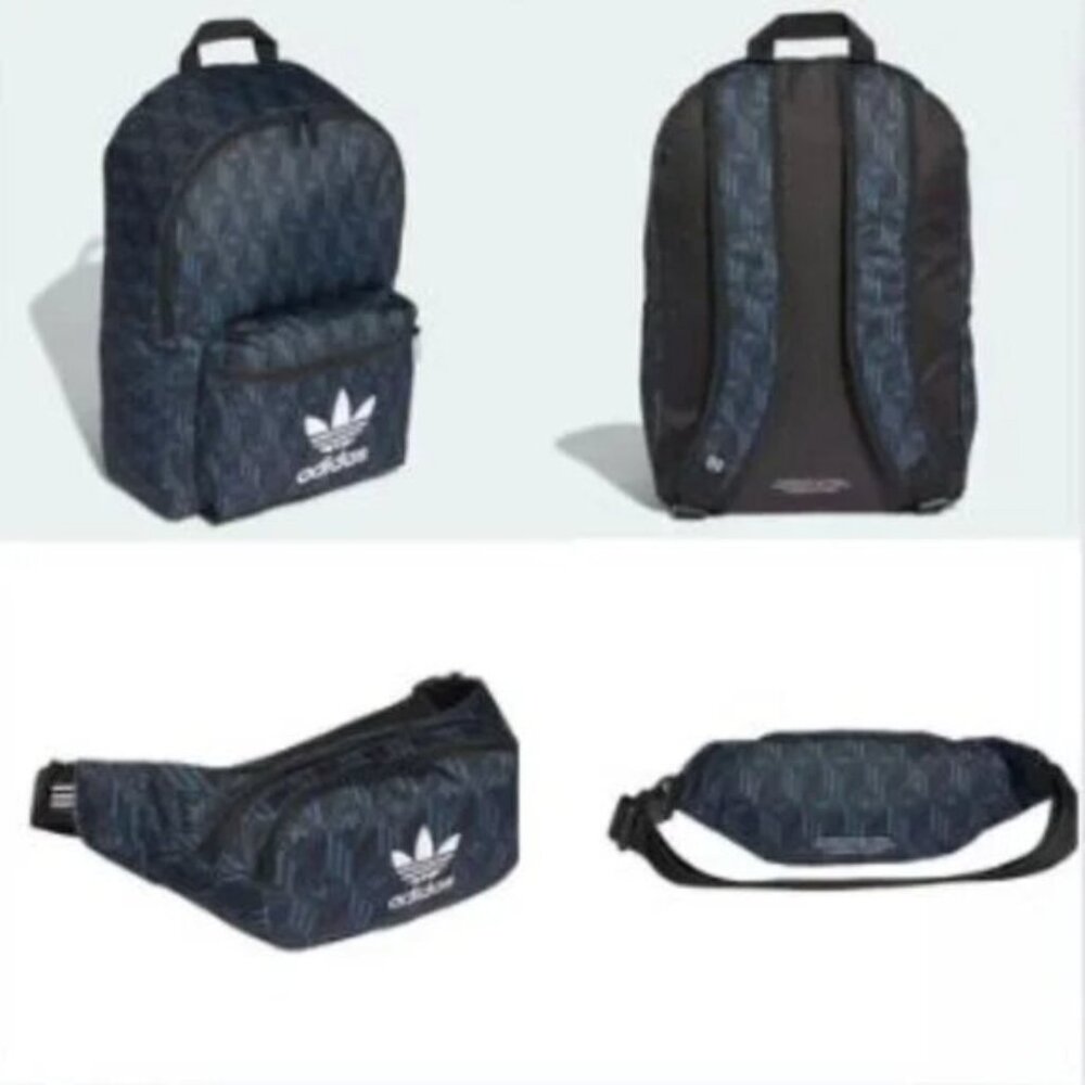 New Adidas Blue Black Monogram Backpack & New Adjustable Waist Belt Bag Bundle